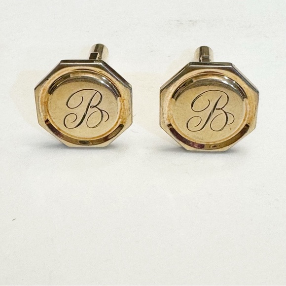 Vintage Krementz Octagon Cuff Links Gold Tone Engraved B Monogram Lucite Tips - Picture 1 of 13